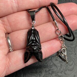 Carved Black Obsidian Bat Pendant Necklace Crystal Jewelry